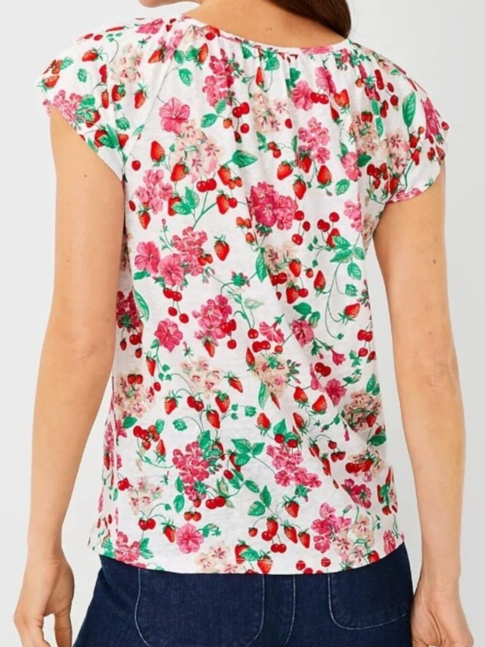 ANN TAYLOR Floral Mixed Media Ruffle Sleeve Tie Neck Shell Top White Strawberry - Picture 4 of 16